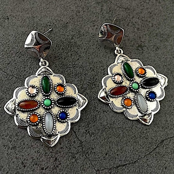 Vintage Multicolor Handmade Earrings, Silver Gemstone - Picture 3 of 7